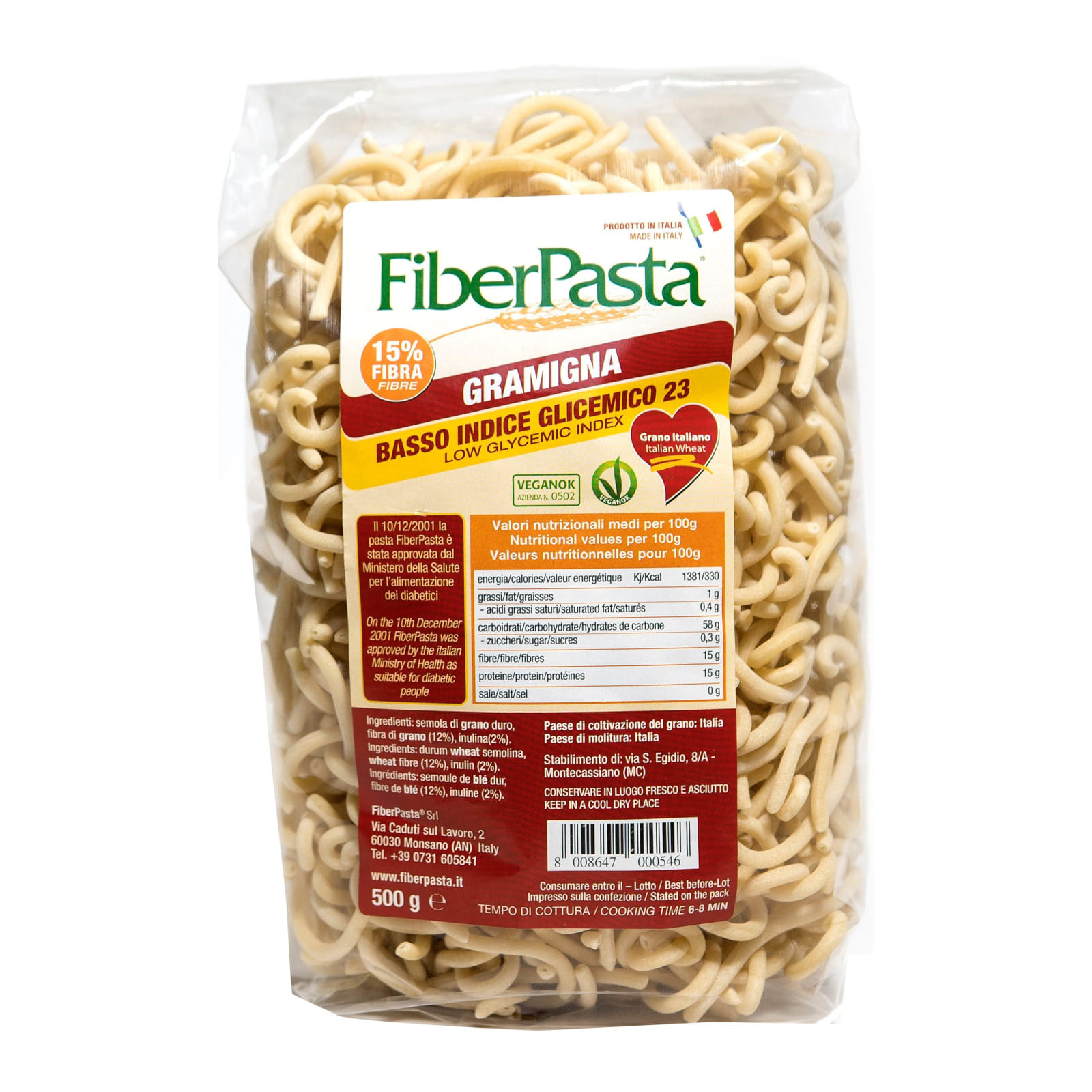 FIBERPASTA GRAMIGNA BASSO INDICE GLICEMICO 500 G