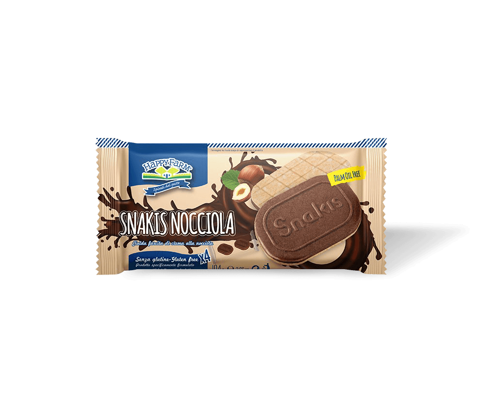Happy Farm Biscotto Cialda Ripieno Di Crema Nocciola   Snakis Nocciola 104 G