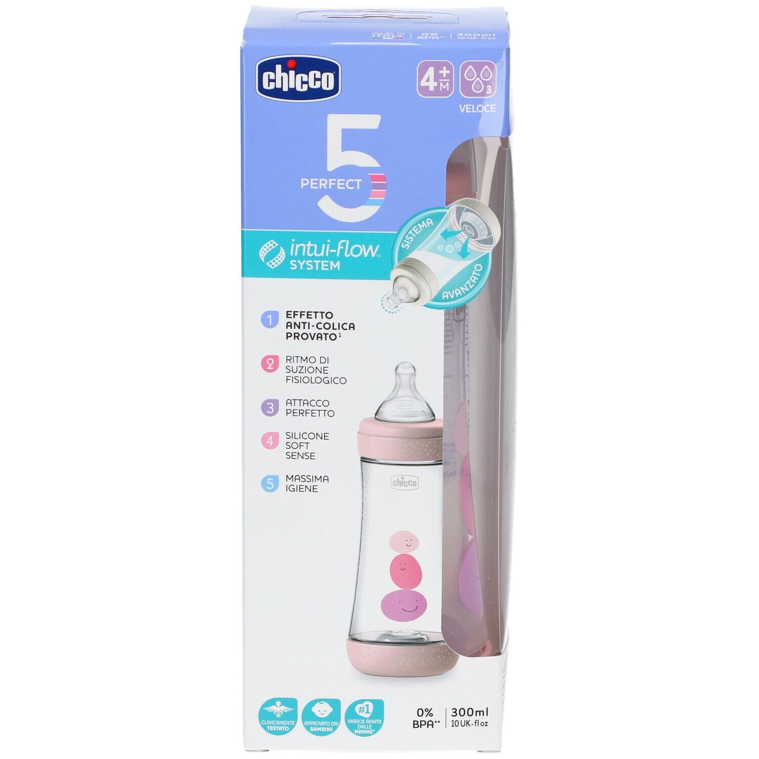 CHICCO BIBERON PERFECT 5 GIRL 300 ML IN SILICONE 3 FORI