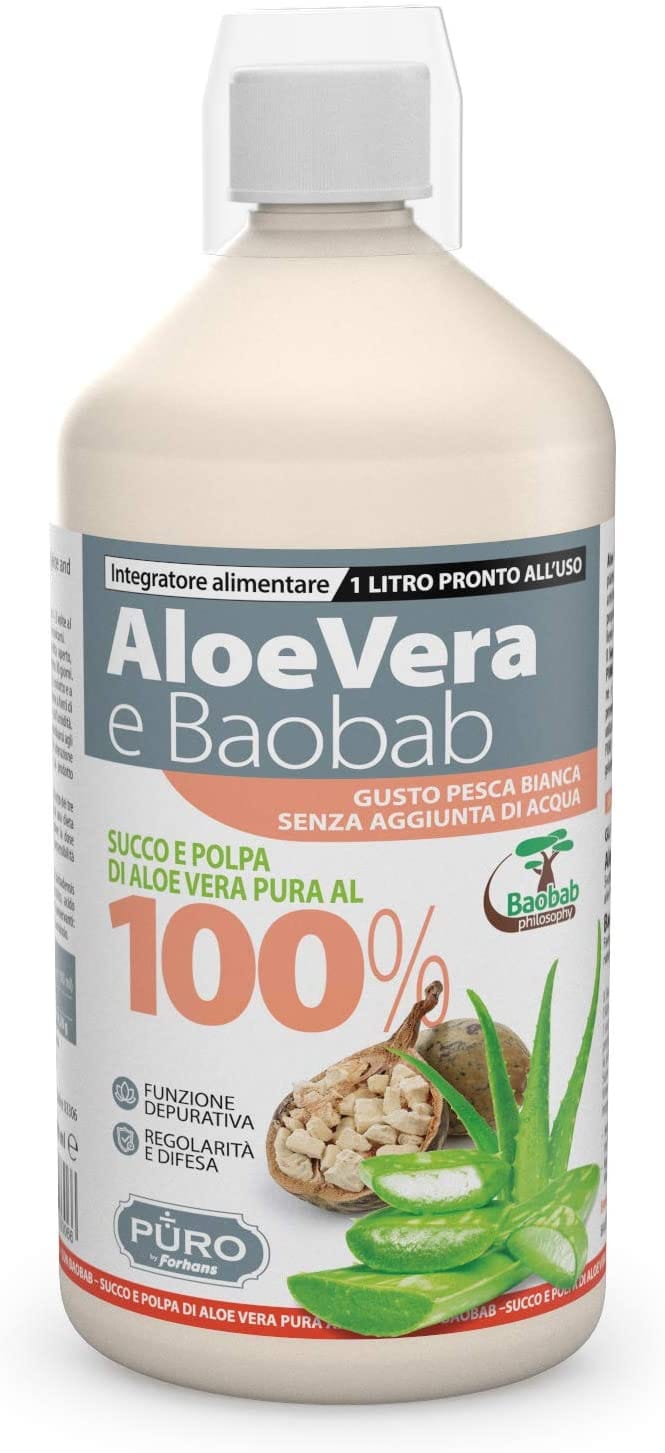 PURO ALOE VERA SUCCO E POLPA 100% + BAOBAB PESCA BIANCA 1 LITRO