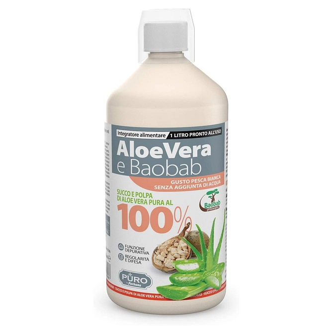 Puro Aloe Vera Succo E Polpa 100% + Baobab Pesca Bianca 1 Litro