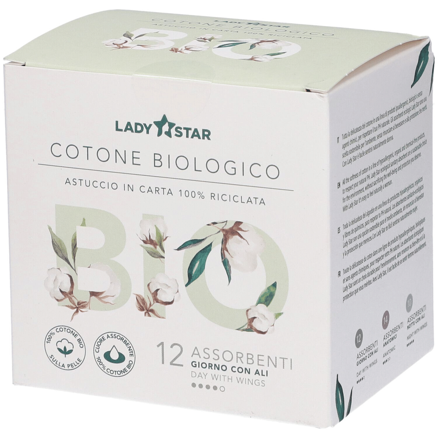 LADYSTAR ASSORBENTI ESTERNI 100% COTONE BIO GIORNO ALI 12 PEZZI