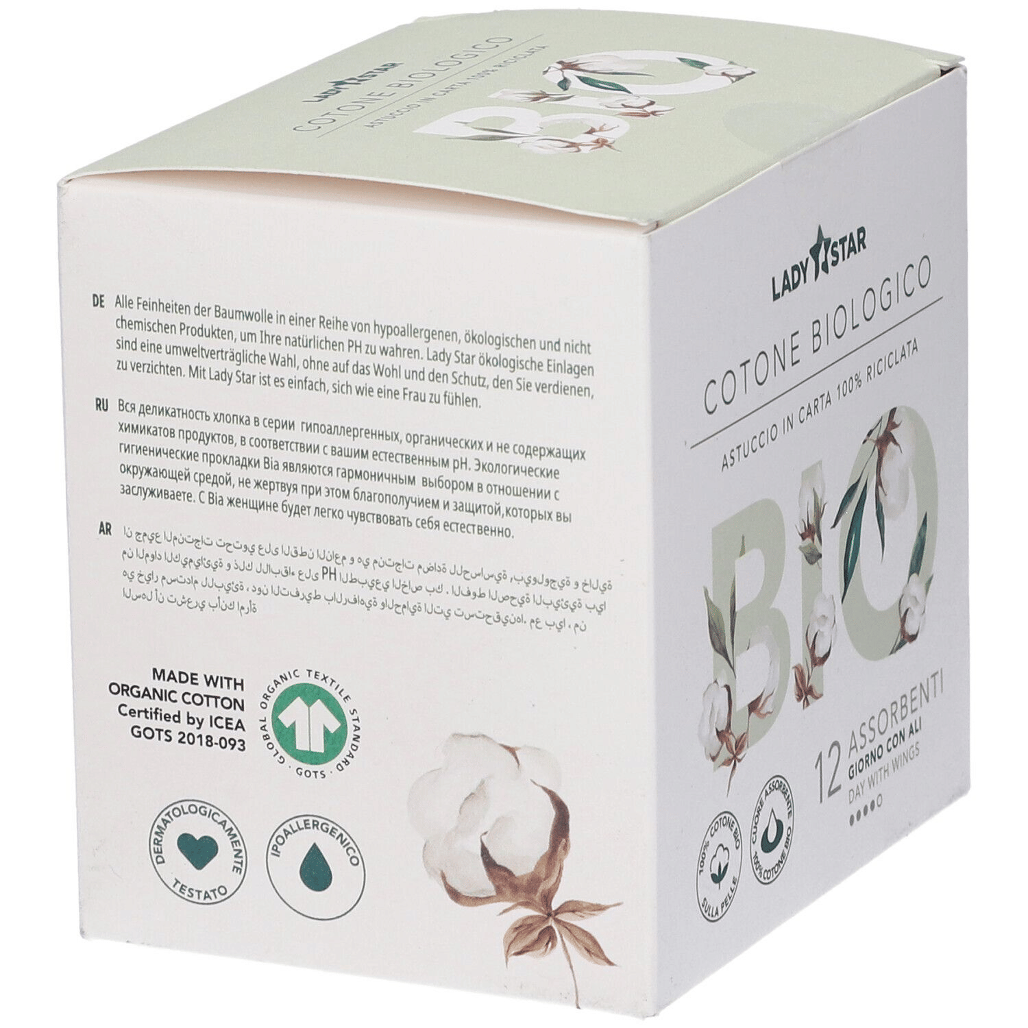 LADYSTAR ASSORBENTI ESTERNI 100% COTONE BIO GIORNO ALI 12 PEZZI