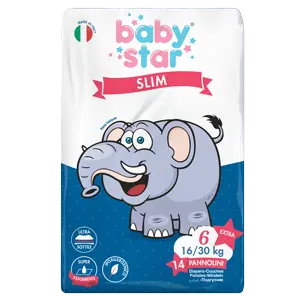 PANNOLINI BABYSTAR SLIM 16/30KG TAGLIA 6  EXTRA LARGE 14 PEZZI PANNOLINI BABYSTAR SLIM 16/30KG TAGLIA 6  EXTRA LARGE 14 PEZZI