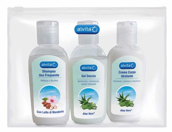 Alvita Kit Viaggio Body Care 1 Gel Doccia Aloe Vera 75 Ml + 1 Crema Corpo Idratante Aloe 75 Ml + 1 Shampoo Uso Frequente 75 Ml