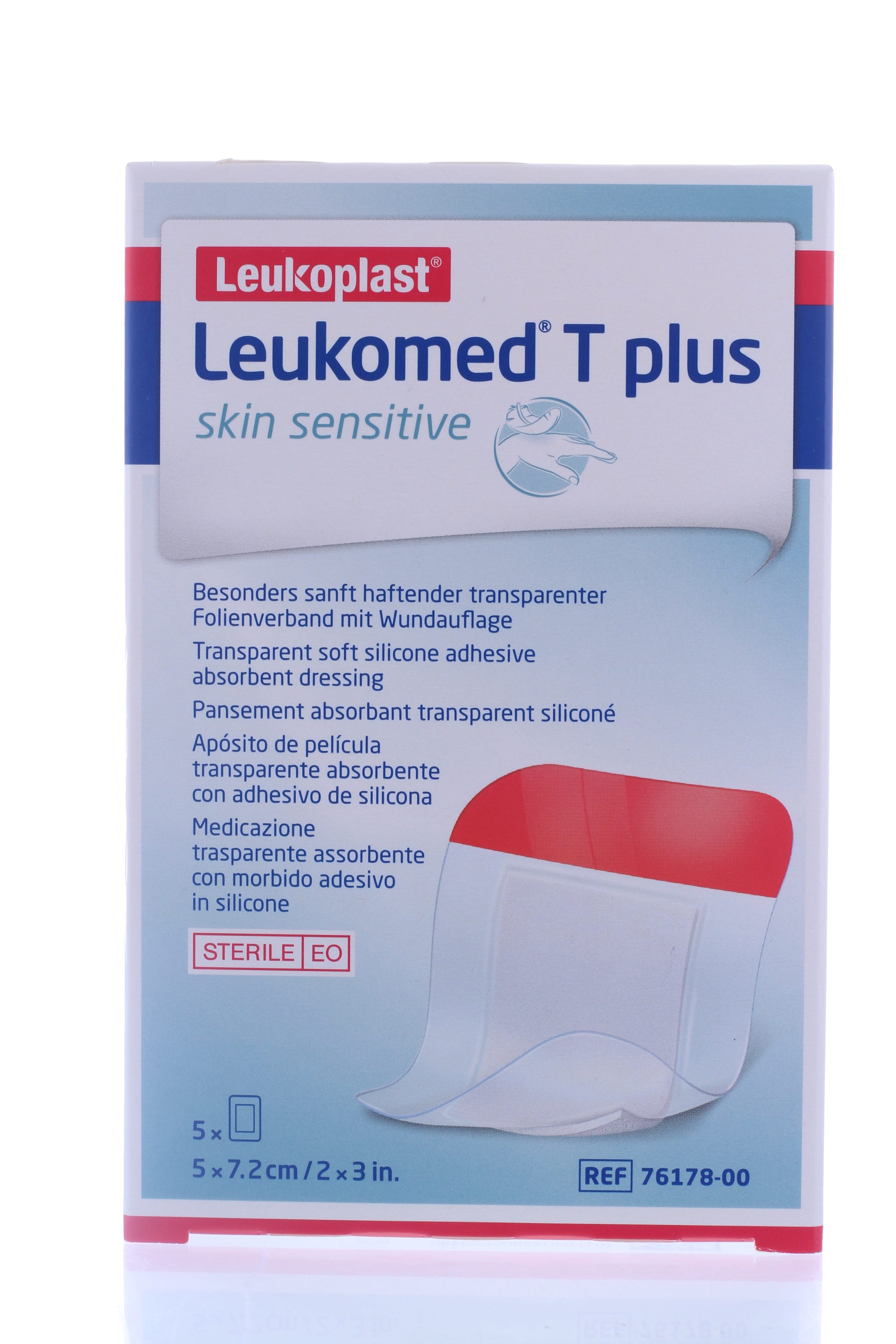 MEDICAZIONE POST-OPERATORIA LEUKOMED T PLUS SKIN SENSITIVE TRASPARENTE IMPERMEABILE CON MASSA ADESIVA AL SILICONE 5X7,2CM 5 PEZZI