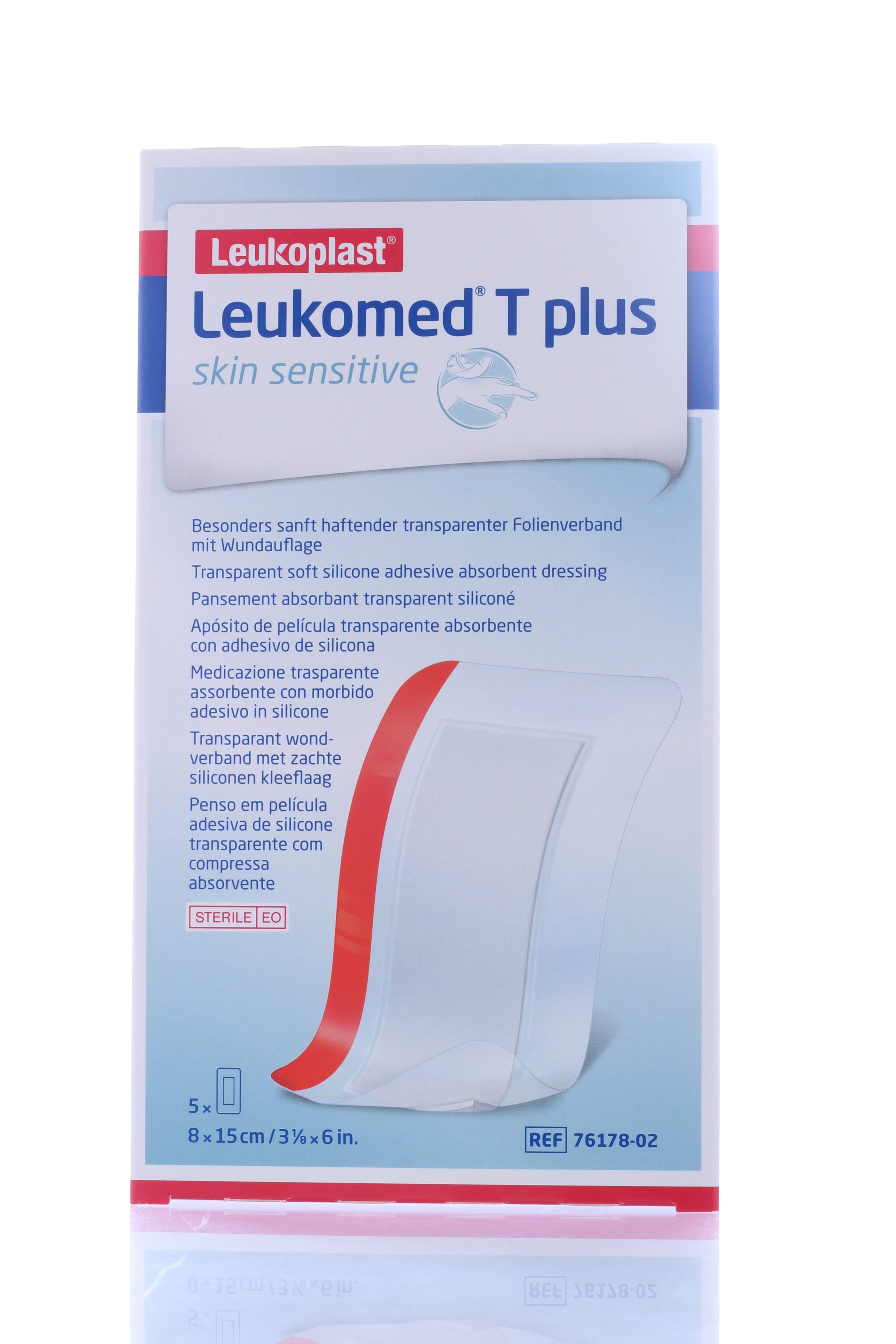 MEDICAZIONE POST-OPERATORIA LEUKOMED T PLUS SKIN SENSITIVE TRASPARENTE IMPERMEABILE CON MASSA ADESIVA AL SILICONE 8X15CM 5 PEZZI