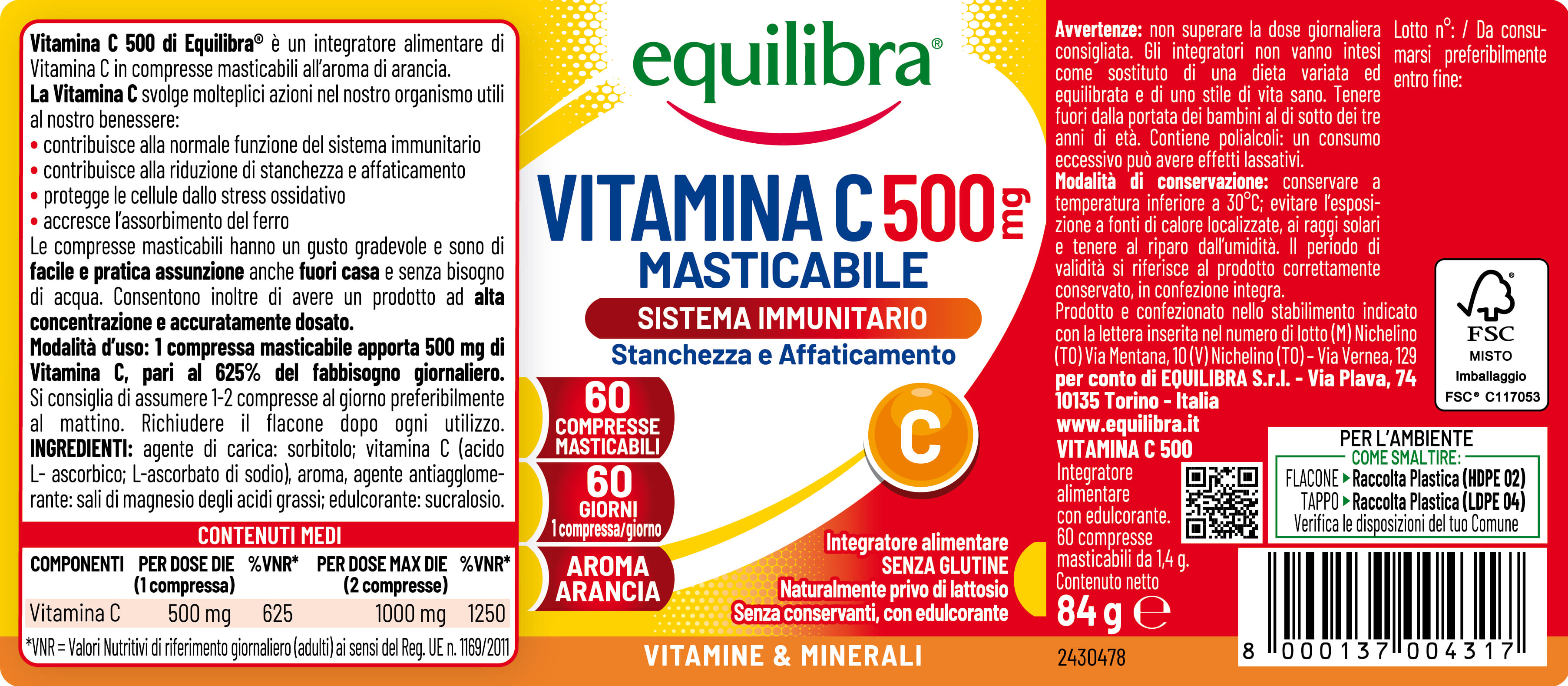 VITAMINA C 500MG MASTICABILE SISTEMA IMMUNITARIO 60 COMPRESSE
