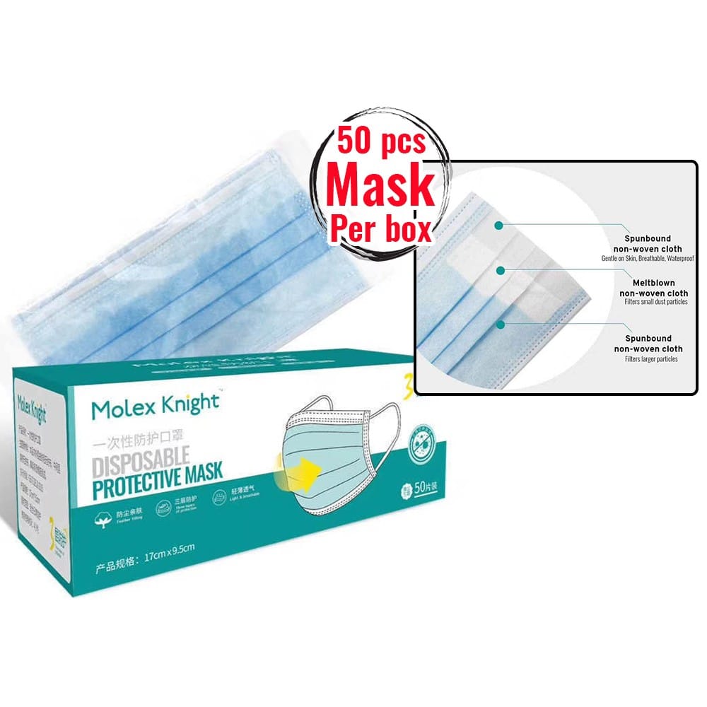 MOLEX KNIGHT MASK MK001 MASCHERINA CHIRURGICA 3 STRATI MONOUSO NON STERILE IN TESSUTO NON TESSUTO 50 PEZZI
