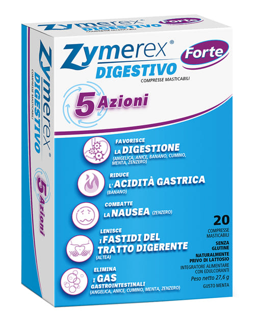 ZYMEREX DIGESTIVO FORTE 20 COMPRESSE MASTICABILI GUSTO MENTA CON EDULCORANTI SENZA GLUTINE SENZA LATTOSIO