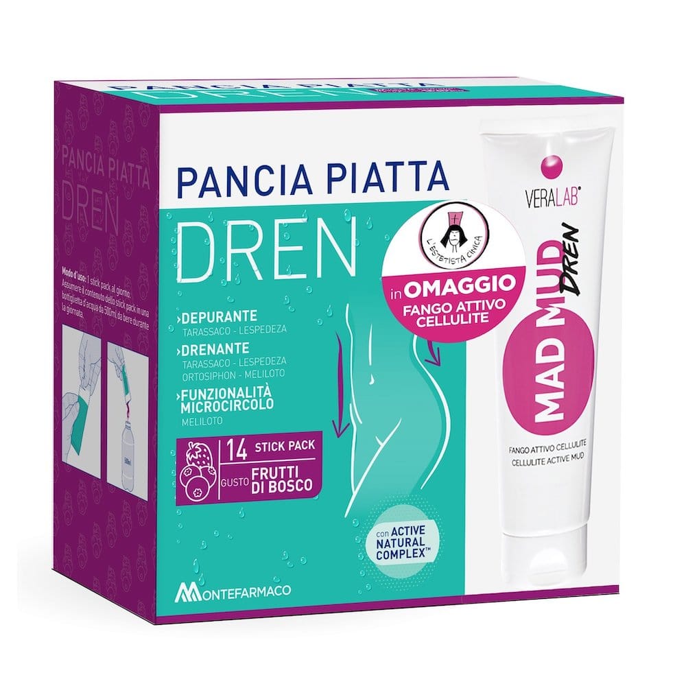 PANCIA PIATTA DREN FRUTTI DI BOSCO 14 BUSTINE STICK PACK + FANGO ATTIVO CELLULITE 100 ML OMAGGIO