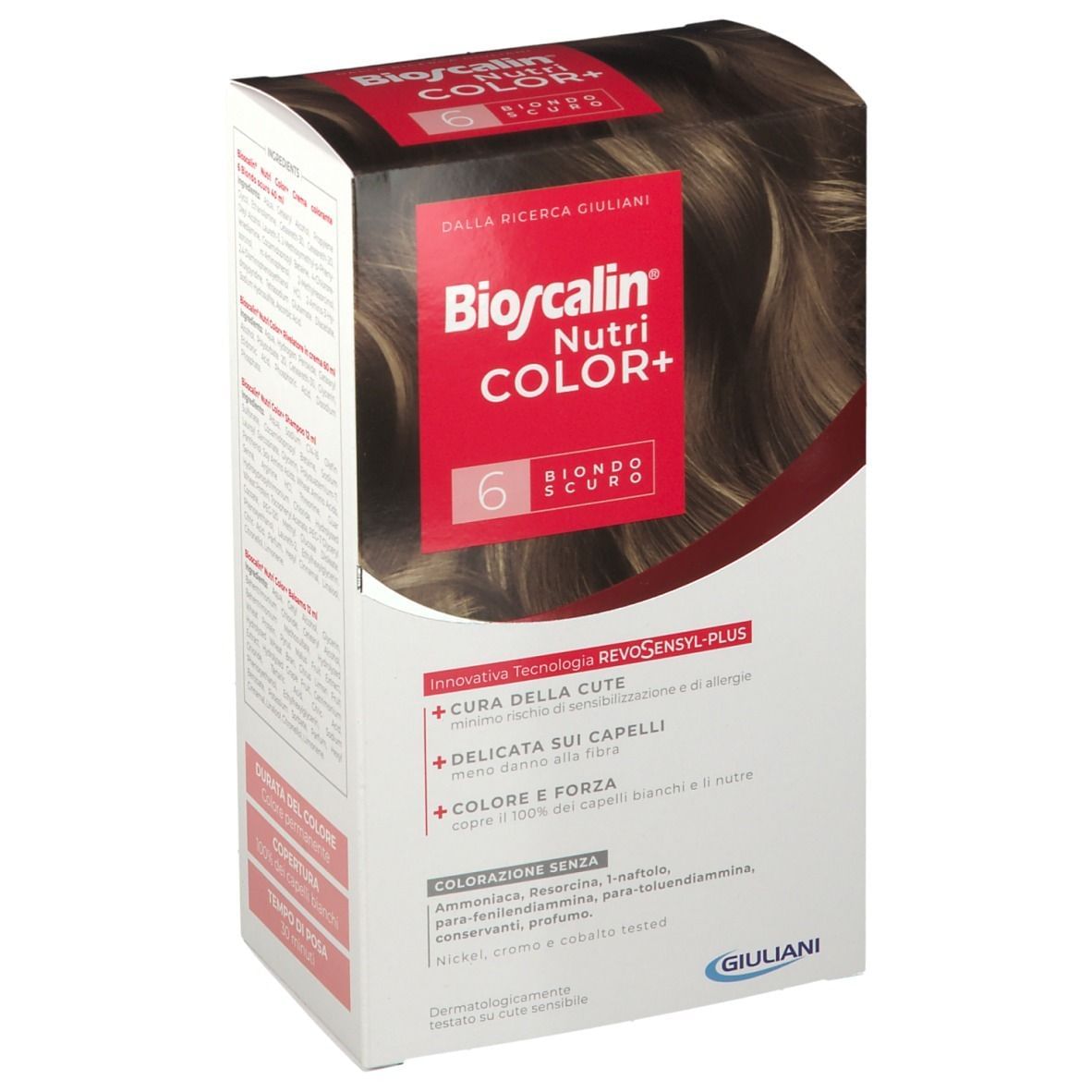 BIOSCALIN NUTRICOLOR PLUS 6 BIONDO SCURO CREMA COLORANTE 40 ML + RIVELATORE CREMA 60 ML + SHAMPOO 12 ML + TRATTAMENTO FINALE BALSAMO 12 ML