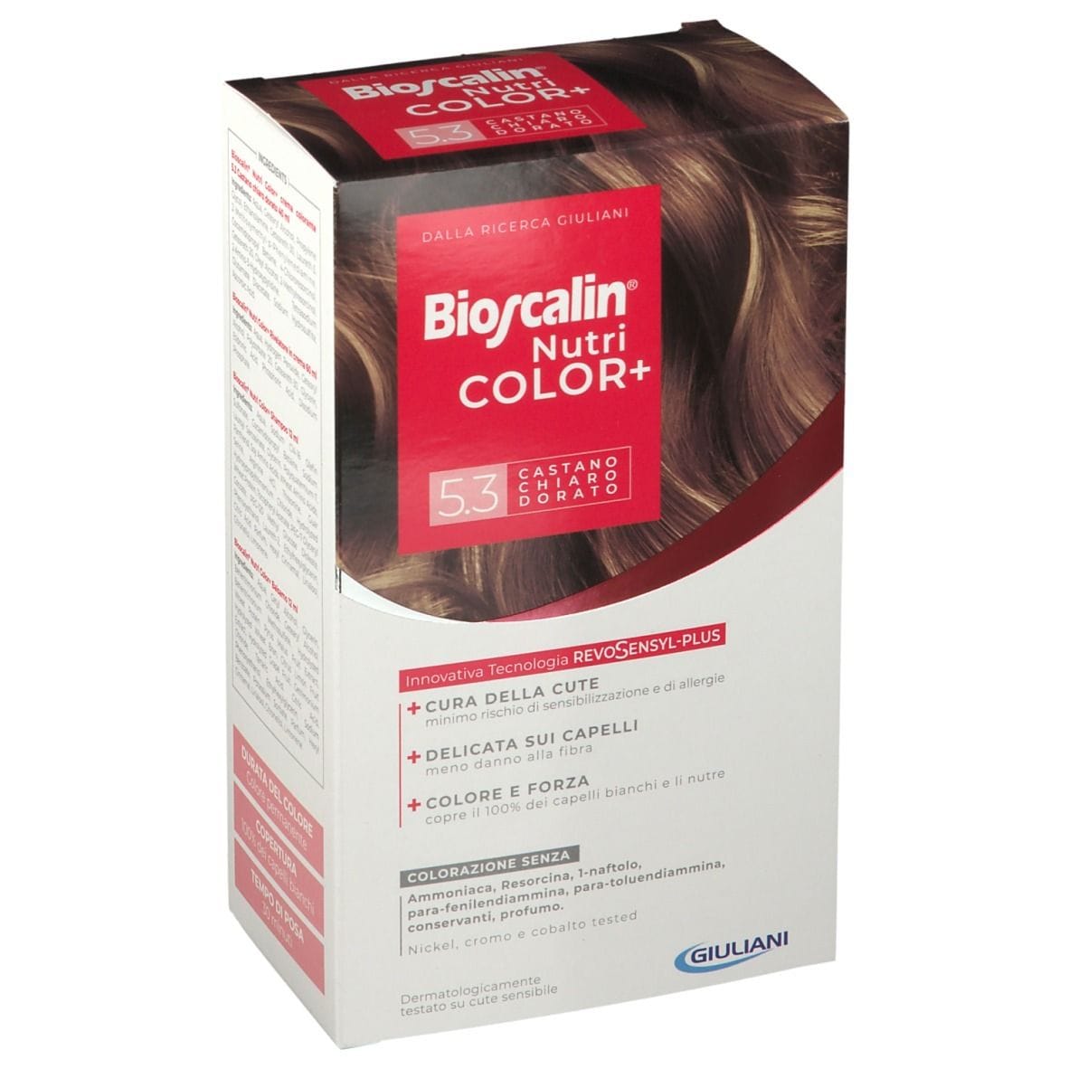 BIOSCALIN NUTRICOLOR PLUS 5,3 CASTANO CHIARO DORATO CREMA COLORANTE 40 ML + RIVELATORE CREMA 60 ML + SHAMPOO 12 ML + TRATTAMENTO FINALE BALSAMO 12 ML