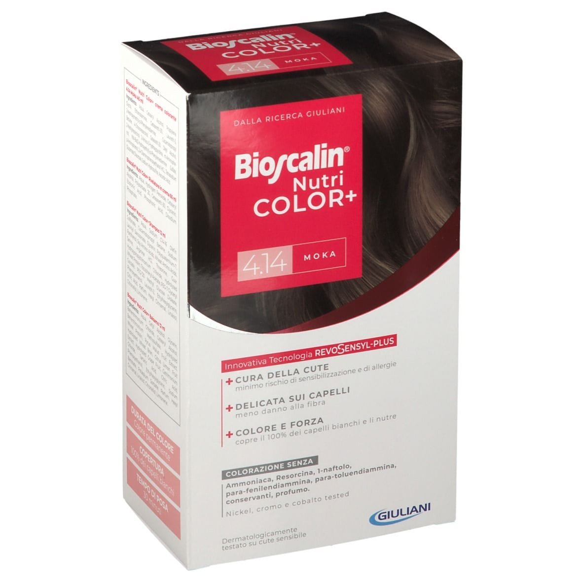 BIOSCALIN NUTRICOLOR PLUS 4,14 MOKA CREMA COLORANTE 40 ML + RIVELATORE CREMA 60 ML + SHAMPOO 12 ML + TRATTAMENTO FINALE BALSAMO 12 ML