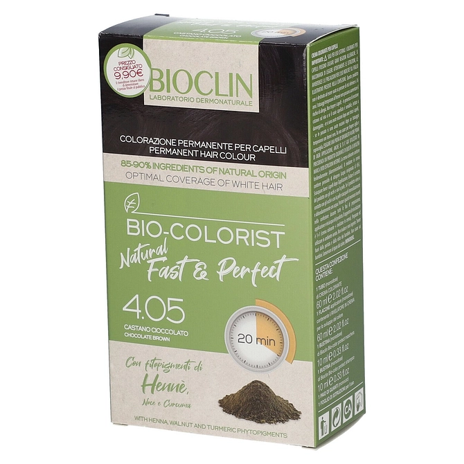 Bioclin Bio Color Fast&Perfection 4,05 Castano Scuro Cioccolato Crema Colorante 60 Ml + Rivelatore In Crema 60 Ml + Bio Color Shampoo 10 Ml + Bio Color Maschera 10 Ml