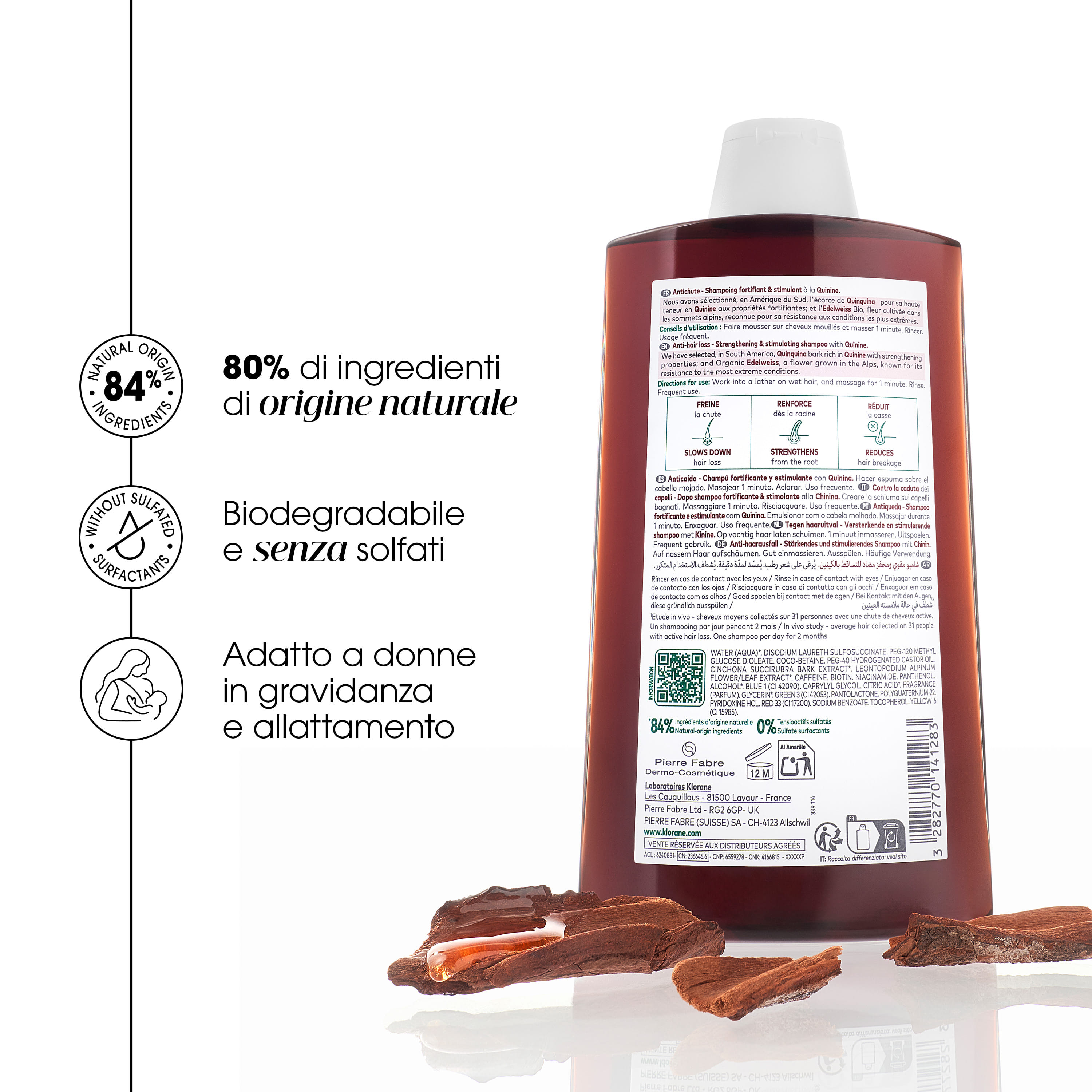 Klorane Shampoo Fortificante & Stimolante alla Chinina 200ml, Anti-caduta, stimola la crescita dei capelli indeboliti