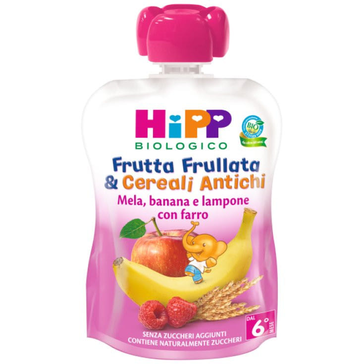 HIPP BIO FRUTTA FRULLATA&CEREALI ANTICHI MELA BANANA LAMPONE FARRO 90 G