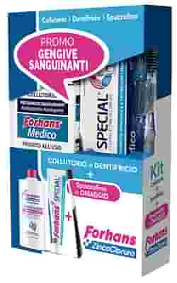 FORHANS KIT GENGIVE SANGUINANTI 1 FORHANS COLLUTORIO MEDICO 250 ML + 1 FORHANS DENTIFRICIO SPECIAL 75 ML + 1 FORHANS SPAZZOLINO MEDICO IN OMAGGIO