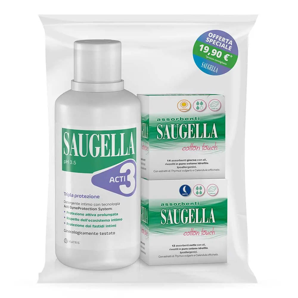 SAUGELLA ACTI3 DETERGENTE INTIMO + 2 SCATOLE ASSORBENTI GIORNO E NOTTE
