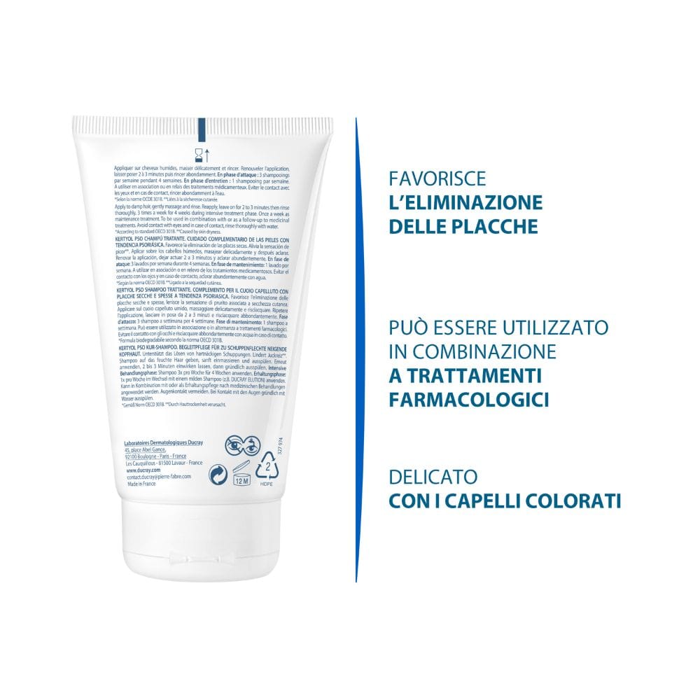 Ducray Kertyol P.S.O. Shampoo trattante riequilibrante, Cuoio capelluto soggetto a psoriasi, Lenisce il prurito e limita la comparsa di placche, 125ml 