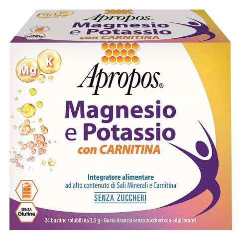 APROPOS MAGNESIO E POTASSIO CON CARNITINA 24 BUSTINE SOLUBILI DA 3,5 G GUSTO ARANCIA SENZA ZUCCHERI