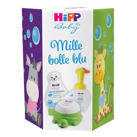 HIPP COFANETTO MILLE BOLLE BLU 1 BABY CARE DOCCIA SHAMPOO FOCA FUN 200 ML + 1 BABY CARE MOUSSE DETERGENTE PAPERELLA FUN 250 ML + 1 BABY CARE CREMA IDRATANTE TARTARUGA FUN 100 ML