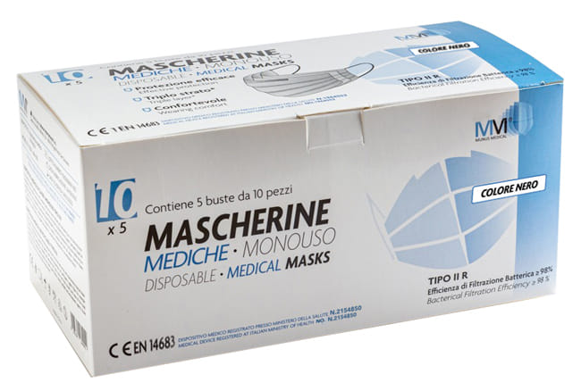 MUNUS MEDICAL MASCHERINA CHIRURGICA IIR 10 PEZZI NERA