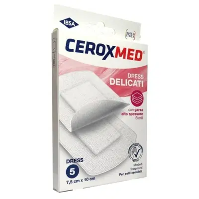 DRESS DELICATI CEROXMED CON GARZA ALTO SPESSORE PER PELLI SENSIBILI 7,5X10CM 5 PEZZI DRESS DELICATI CEROXMED CON GARZA ALTO SPESSORE PER PELLI SENSIBILI 7,5X10CM 5 PEZZI