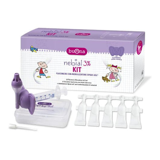 NEBIAL 3% KIT 20 FLACONCINI MONODOSE 5ML SOLUZIONE IPERTONICA CON ACIDO IALURONICO + NEBULIZZATORE SPRAY-SOL
