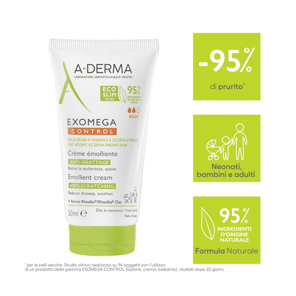A-Derma Exomega Control Crema emolliente Anti-grattage 50ml, Lenisce la secchezza, gli arrossamenti e riduce le sensazioni di prurito, Pelle secca a tendenza atopica