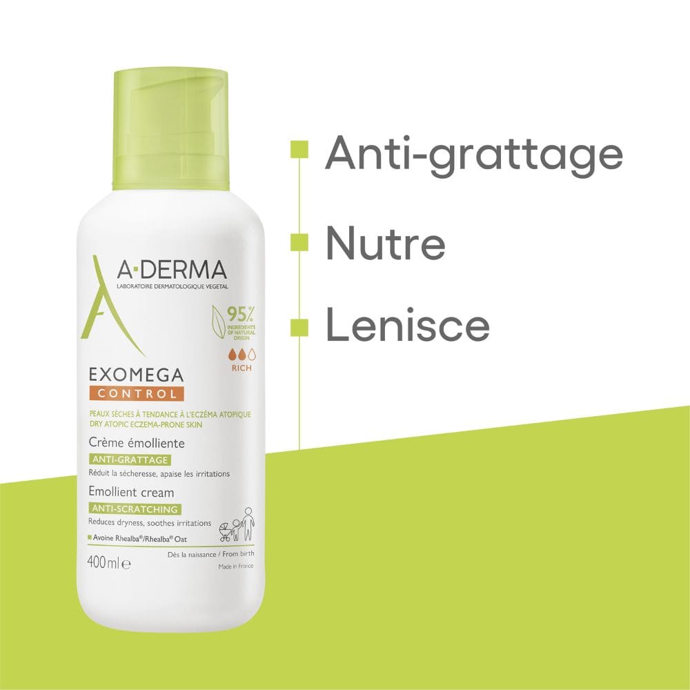 A-Derma Exomega Control Crema emolliente Anti-grattage 400ml, Lenisce la secchezza, gli arrossamenti e la sensazioni di prurito, Pelle secca a tendenza atopica
