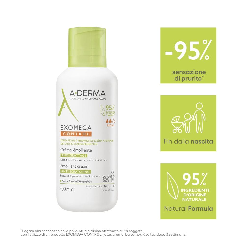 A-Derma Exomega Control Crema emolliente Anti-grattage 400ml, Lenisce la secchezza, gli arrossamenti e la sensazioni di prurito, Pelle secca a tendenza atopica