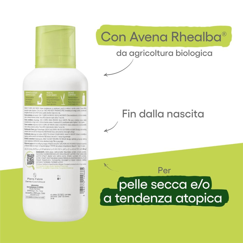 A-Derma Exomega Control Crema emolliente Anti-grattage 400ml, Lenisce la secchezza, gli arrossamenti e la sensazioni di prurito, Pelle secca a tendenza atopica