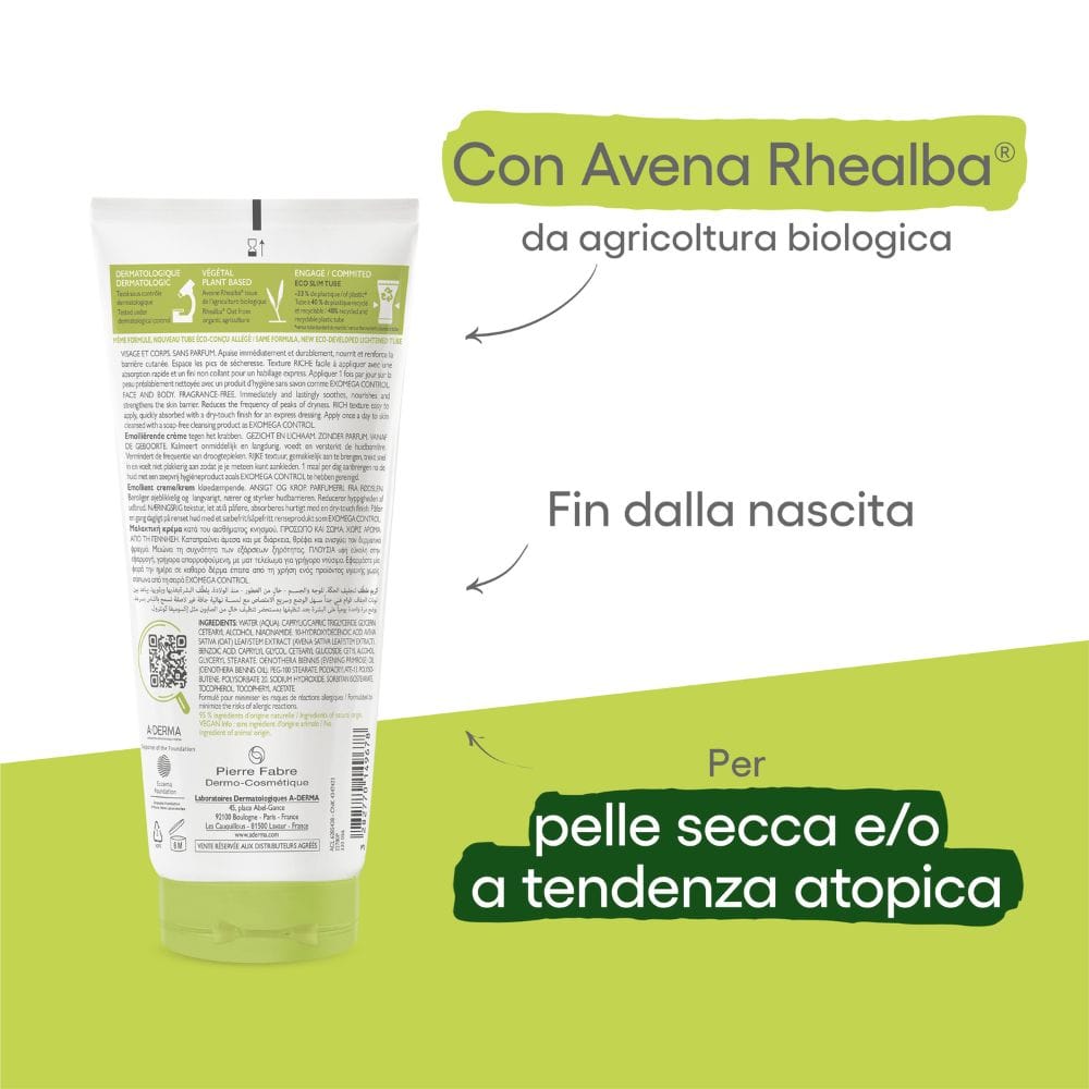 A-Derma Exomega Control Crema emolliente Anti-grattage 200ml, Lenisce la secchezza, gli arrossamenti e riduce le sensazioni di prurito, Pelle secca a tendenza atopica