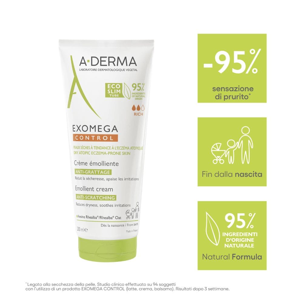 A-Derma Exomega Control Crema emolliente Anti-grattage 200ml, Lenisce la secchezza, gli arrossamenti e riduce le sensazioni di prurito, Pelle secca a tendenza atopica