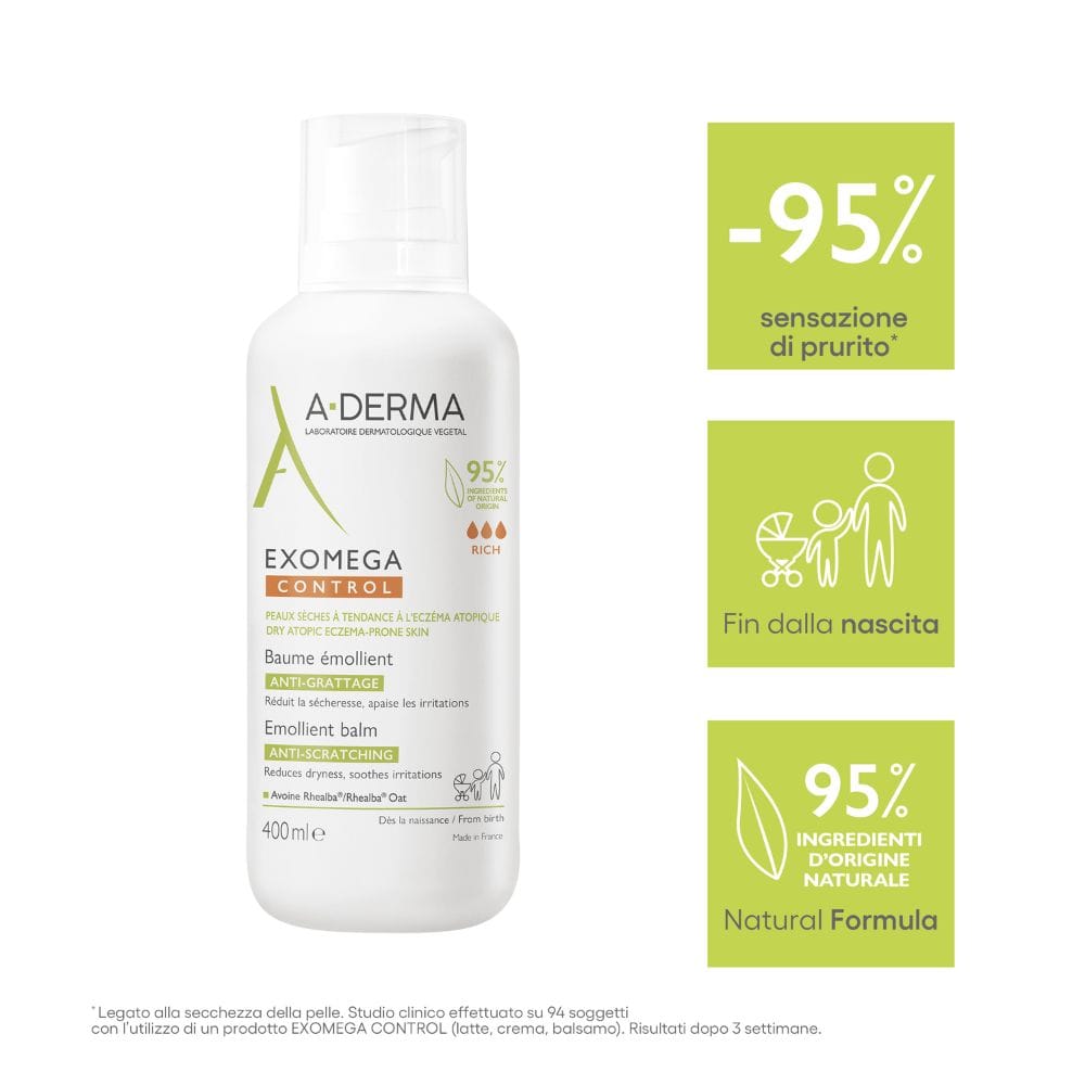 A-Derma Exomega Control Balsamo Emolliente Anti-grattage 400ml, Tripla Azione Lenisce la secchezza, gli arrossamenti e la sensazione di prurito, Pelle secca a tendenza atopica