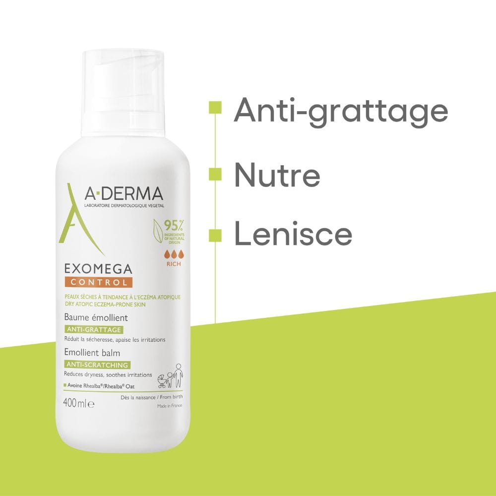 A-Derma Exomega Control Balsamo Emolliente Anti-grattage 400ml, Tripla Azione Lenisce la secchezza, gli arrossamenti e la sensazione di prurito, Pelle secca a tendenza atopica