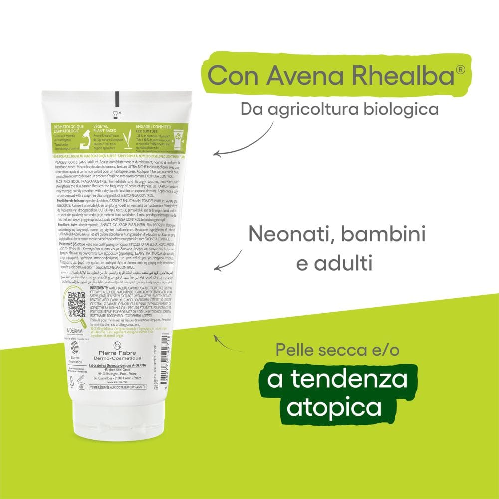 A-Derma Exomega Control Balsamo Emolliente Anti-grattage 200ml,  Lenisce la sensazione di prurito, Pelle secca a tendenza atopica
