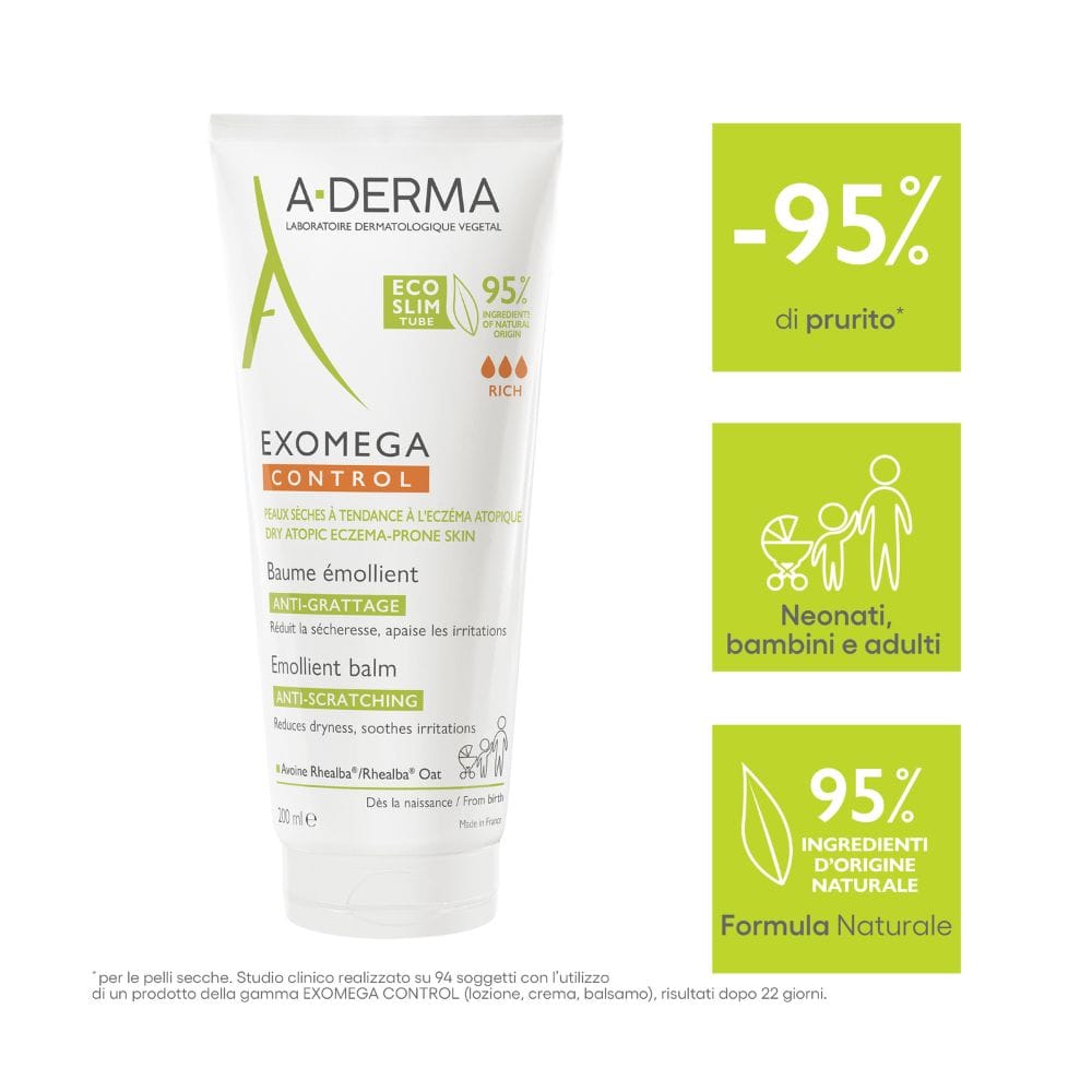 A-Derma Exomega Control Balsamo Emolliente Anti-grattage 200ml,  Lenisce la sensazione di prurito, Pelle secca a tendenza atopica