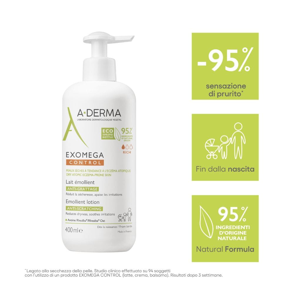 A-Derma Exomega Control Latte emolliente Anti-grattage 400ml, Lenisce la sensazione di prurito, Pelle secca a tendenza atopica