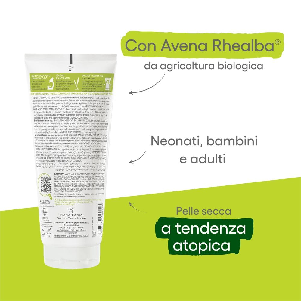 A-Derma Exomega Control Latte emolliente Anti-grattage 200ml, Lenisce la sensazione di prurito, Pelle secca a tendenza atopica
