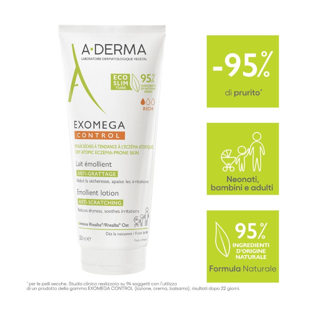 A-Derma Exomega Control Latte emolliente Anti-grattage 200ml, Lenisce la sensazione di prurito, Pelle secca a tendenza atopica