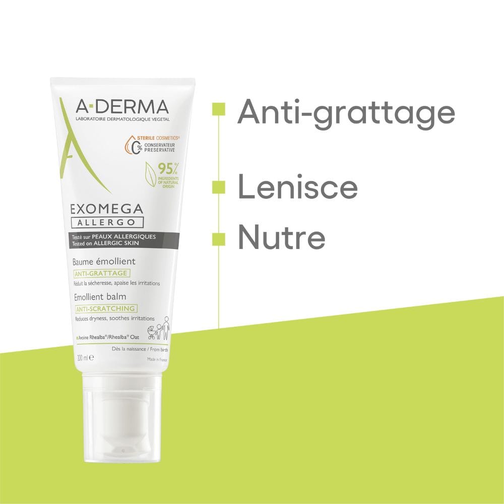 A-Derma Exomega Allergo Balsamo emolliente Cosmetico Sterile® 200ml, Riduce del 77% la sensazione di prurito, Pelle secca a tendenza atopica