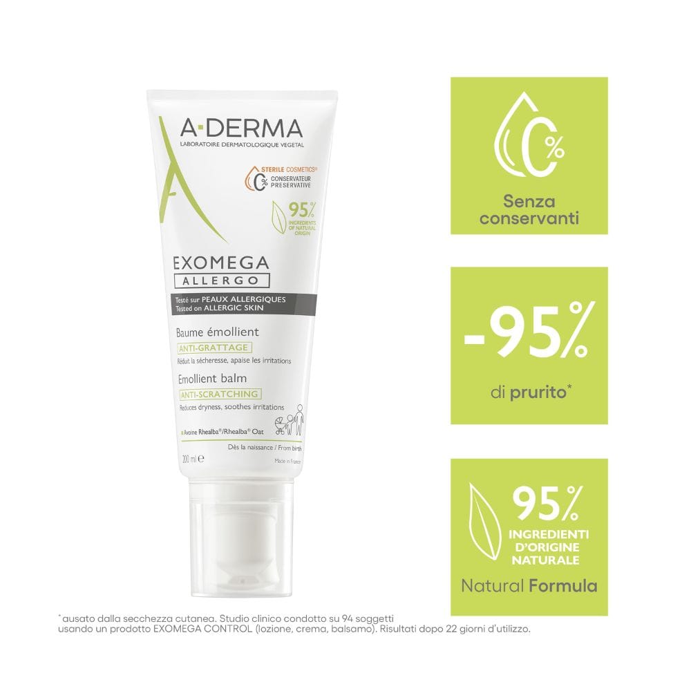 A-Derma Exomega Allergo Balsamo emolliente Cosmetico Sterile® 200ml, Riduce del 77% la sensazione di prurito, Pelle secca a tendenza atopica