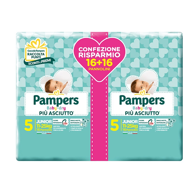 Pampers Baby Dry Pannolini Duo Downcount Junior 32 Pezzi