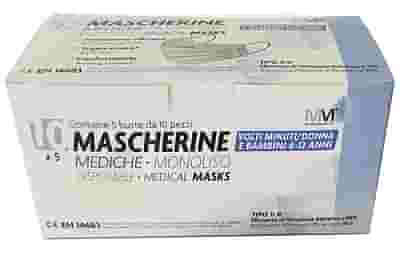 MASCHERINA CHIRURGICA MONOUSO MUNUS MEDICAL TIPO IIR TAGLIA SLIM VOLTI MINUTI DONNA E BAMBINI 6-12 ANNI 5 BUSTE DA 10 MASCHERINE