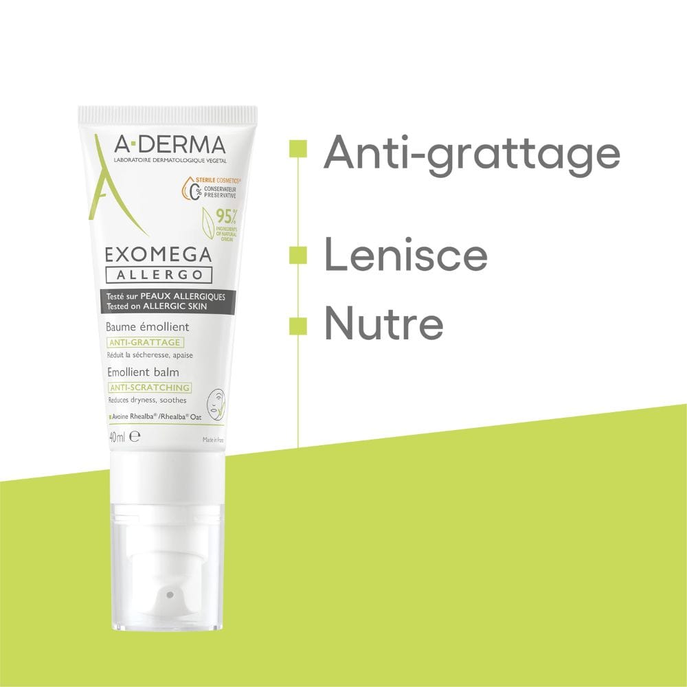 A-Derma Exomega Allergo Balsamo emolliente Cosmetico Sterile® 40ml, Riduce del 77% la sensazione di prurito, Pelle secca a tendenza atopica