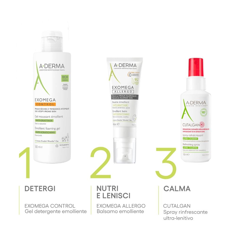 A-Derma Exomega Allergo Balsamo emolliente Cosmetico Sterile® 40ml, Riduce del 77% la sensazione di prurito, Pelle secca a tendenza atopica
