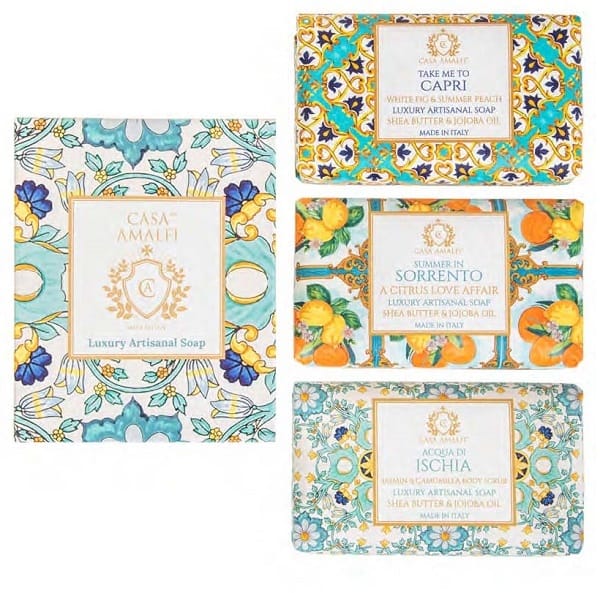 CASA AMALFI GREEN MAIOLICA SAPONE BOX 1 TAKE ME TO CAPRI 150 G + 1 SUMMER IN SORRENTO 150 G + 1 ACQUA DI ISCHIA 150 G