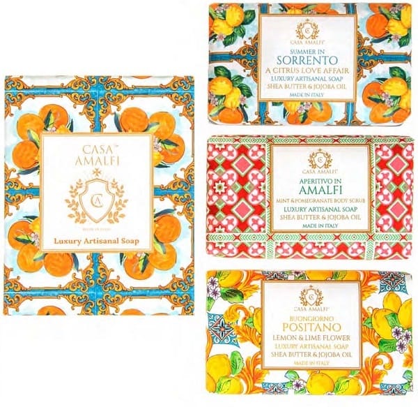 CASA AMALFI SUMMER IN SORRENTO MAIOLICA SAPONE BOX 1 SUMMER IN SORRENTO 150 G + 1 BUONGIORNO POSITANO 150 G + 1 APERITIVO IN AMALFI 150 G